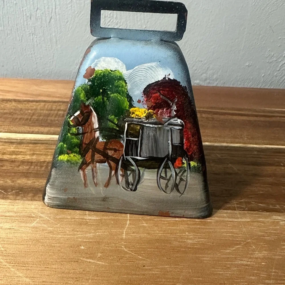 Hand-Painted Horse & Buggy Cowbell - Rustic Folk Art
